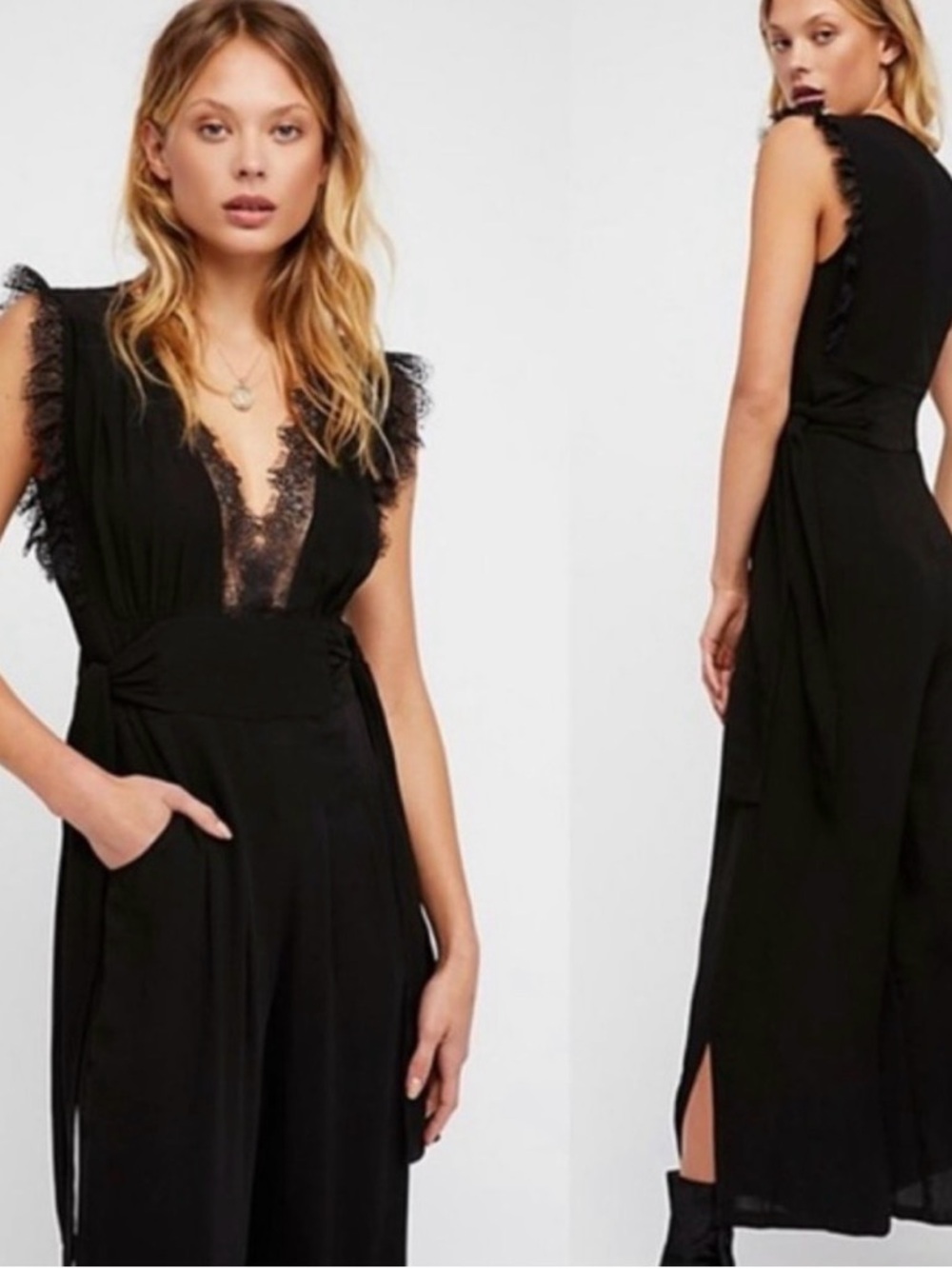 Free People Cem Black Lace-Trim V-Neck Wide-Leg Jumpsuit - Picture 4 of 8